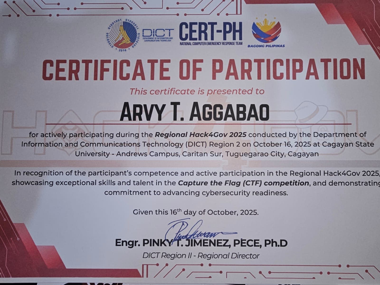 Hack4Gov 2025 certificate awarded to Arvy Aggabao