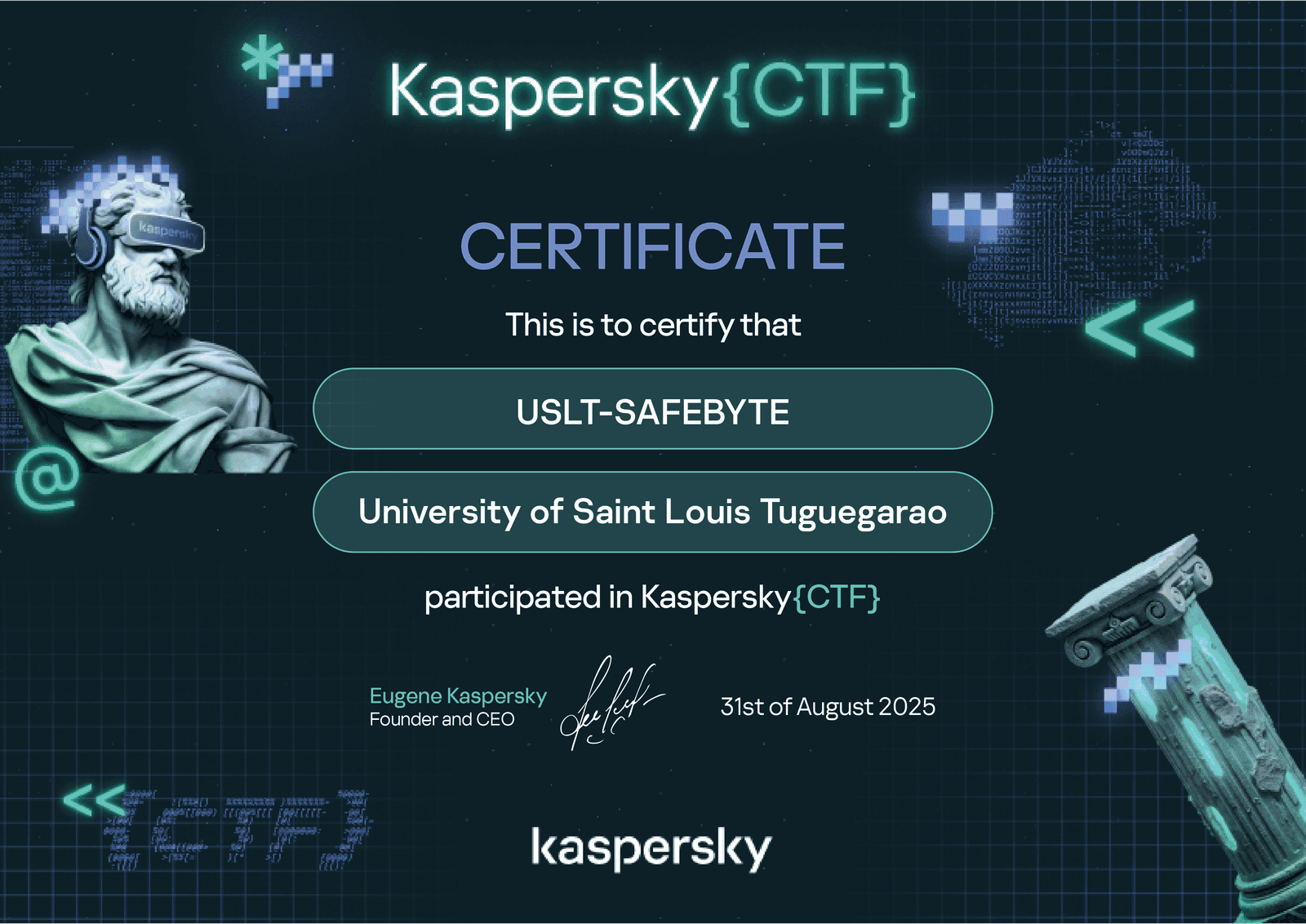 Kaspersky CTF certificate awarded to Arvy Aggabao
