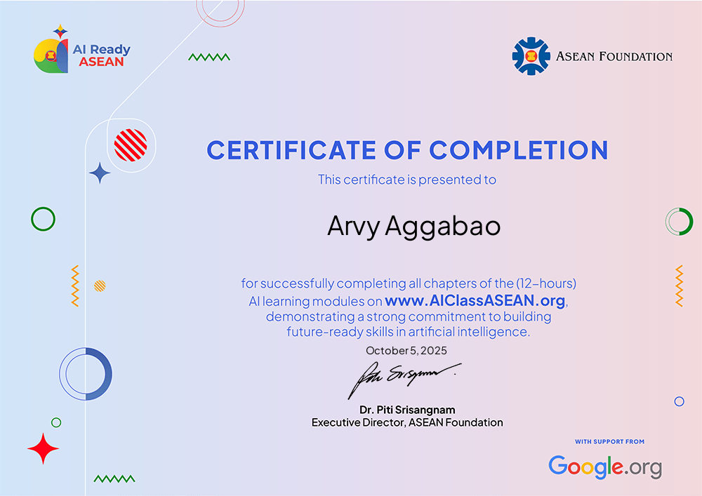 AI Class ASEAN certificate awarded to Arvy Aggabao