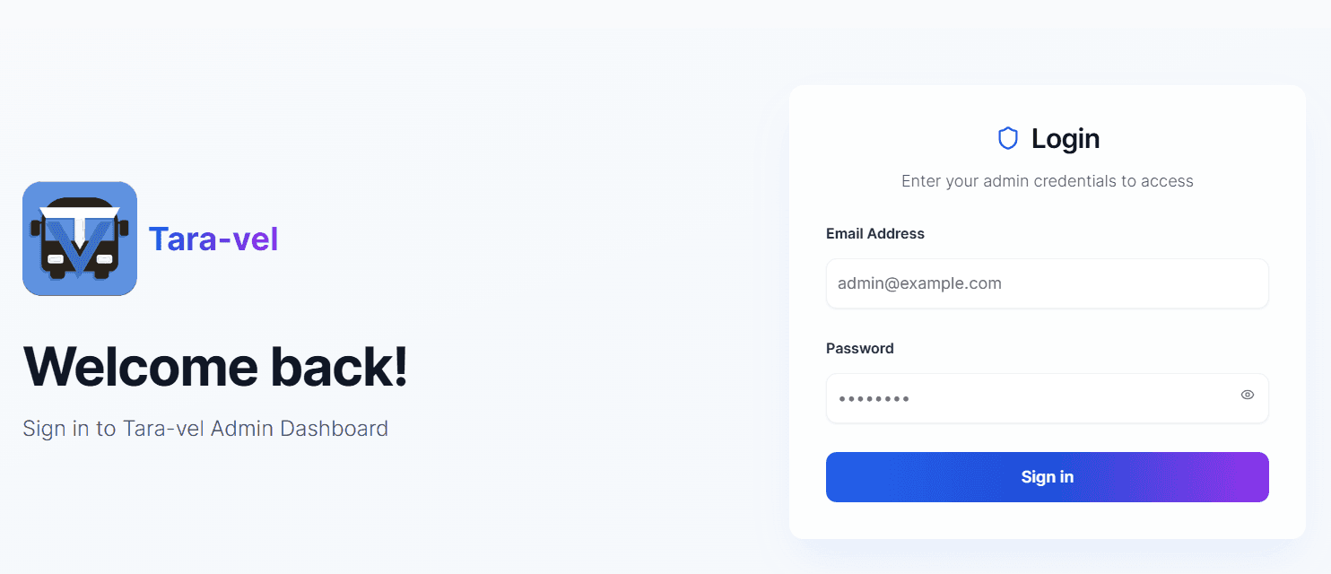 Screenshot of the Tara-vel admin console for managing fleet, users, and content