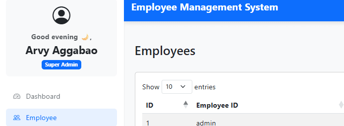 Screenshot of the employee management system with data tables and MySQL records